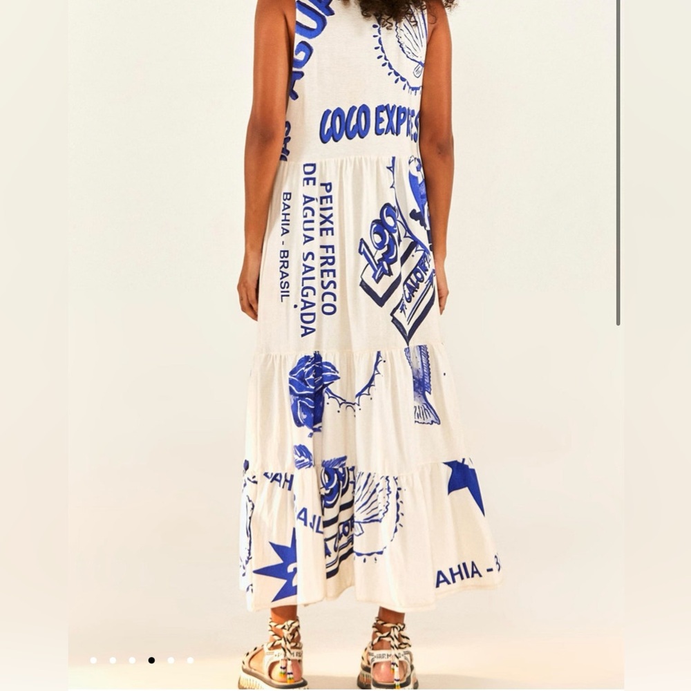 NWT Farm Rio Blue Maxi Dress - White Rainha Das Aguas T Shirt Maxi Dress - Picture 3 of 16